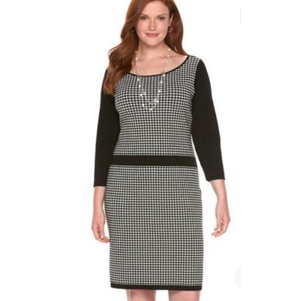 Chaps Black & White Houndstooth Knit Knee-Length 3/4-Sleeve Sweater Dress L